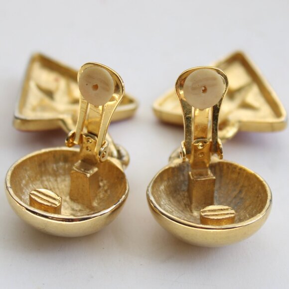 Vintage 80's Gold Red Triangle Stars Women's Clip-On Drop Dangle Earrings - Picture 3 of 3
